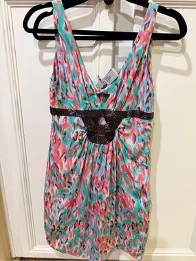 New Turquoise Pink Multicolor Printed Sleeveless Dress with Black Waist Trim